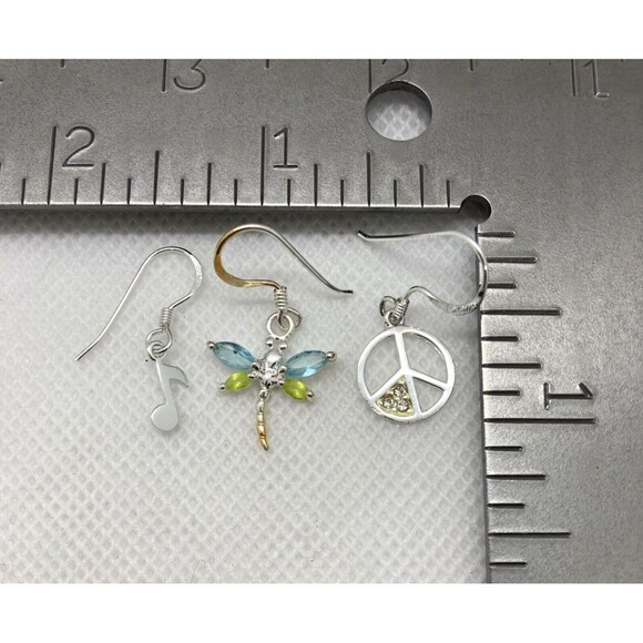 Lot of 3 Pairs Silver Tone Dangle Drop Pierced Earrings Dragonfly‎ Music Peace - Picture 10 of 11